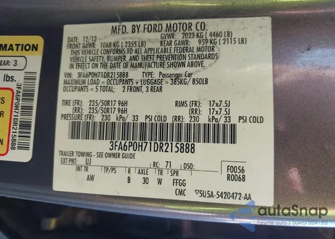 2013 Ford Fusion Se из США, поврежденный, VIN 3FA6P0H71DR215888